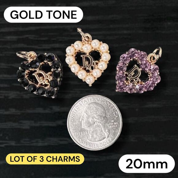 Lot of 3 CD Heart Gold Tone Zipper Pull Button Charms 20mm - Picture 1 of 2